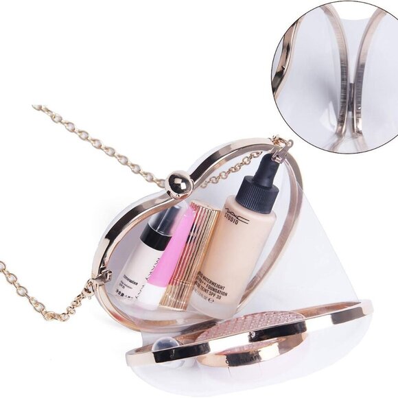 Women’s Velvet Heart Shape Evening Bag Mini Clutch Clear Shoulder Purse - Picture 5 of 6